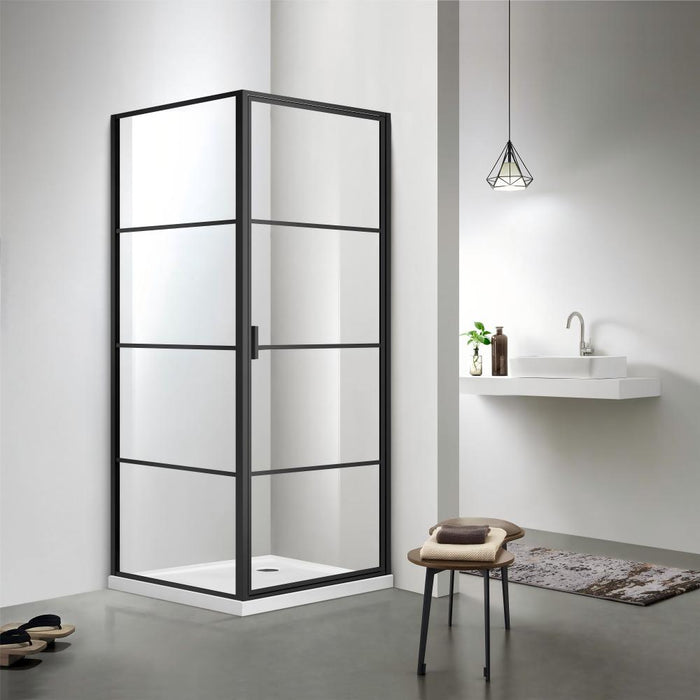 900/1000x2000mm 6mm Glass L Shape Pivot Grid Door with Fixed Return Panel Black Framed Shower Screens - HD reno
