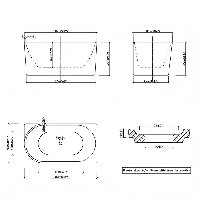 1300/1400*720*600mm Nerida Series Gloss White Corner Bathtub Non-Over Flow