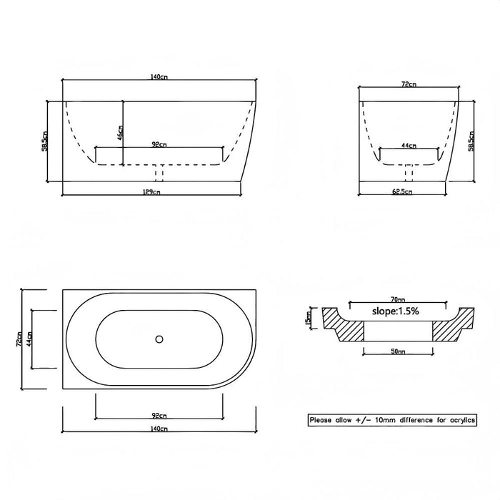 1300/1400*720*600mm Nerida Series Gloss White Corner Bathtub Non-Over Flow