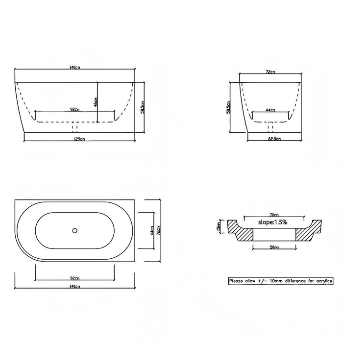 1300/1400*720*600mm Nerida Series Gloss White Corner Bathtub Non-Over Flow
