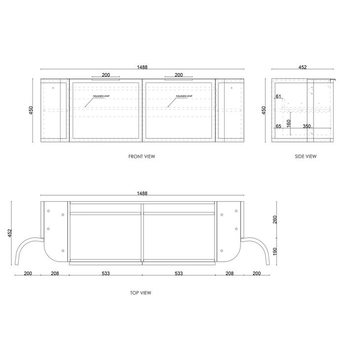600-1800*450*452mm Hampshire Stain White Moisture Resistant Plywood Curve Wall Hung Vanity