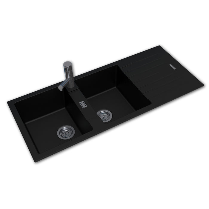 1160*500*200mm Black/White Granite Quartz Stone Sink Double Bowls Drainboard Kitchen Sink - HD reno