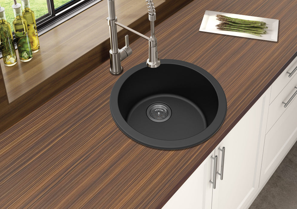 460mm Black ACA Granite Quartz Stone Round Single Bowl Kitchen/Laundry Sink - HD reno