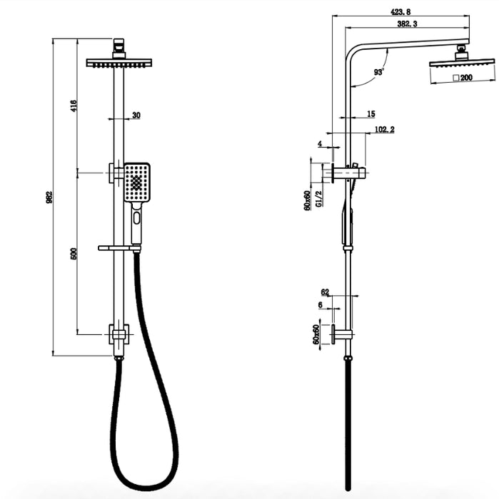 200mm New Eden Square Multi-function Shower Set Chrome/Matt Black - HD reno