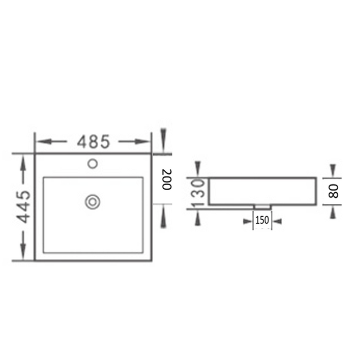 485*445*130mm Poseidon PI4844 Gloss White Ceramic Rectangle  With Overflow 1 Tap Hole Insert Basin