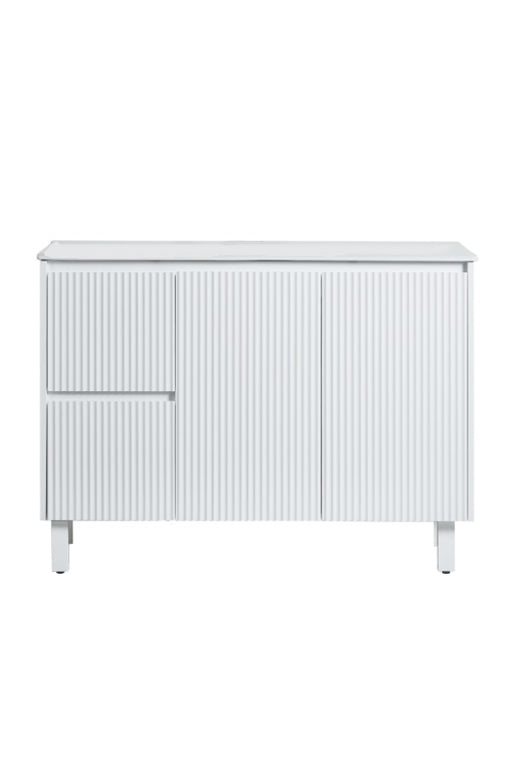 1200*455*860mm POS Brighton Matt White PVC Constructed Fluted Bathroom Vanity With Legs/Kickboard - Left Hand Drawer - HD reno