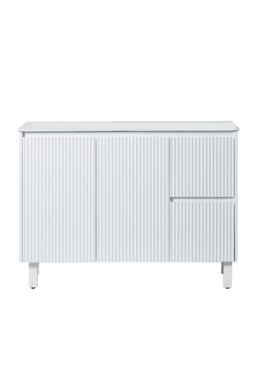 1200*455*860mm POS Brighton Matt White PVC Constructed Fluted Bathroom Vanity With Legs/Kickboard - Right Hand Drawer - HD reno