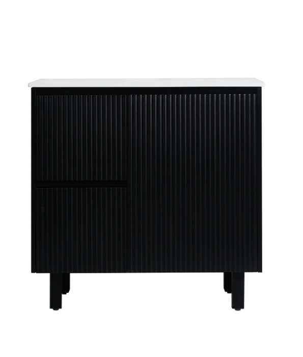900*455*860mm POS Brighton Matt Black PVC Constructed Fluted Bathroom Vanity With Legs/Kickboard - Left Hand Drawer - HD reno