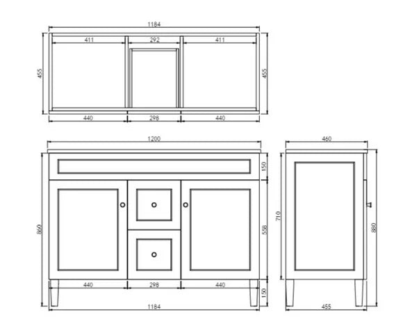 1200*455*860mm POS Harrington Matt Black PVC Constructed Freestanding Vanity With Legs - Middle Drawer - HD reno