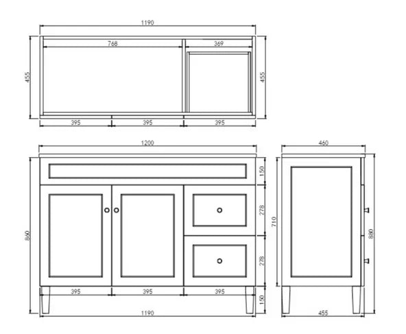 1200*455*860mm POS Harrington Matt Black PVC Constructed Freestanding Vanity With Kick Board - Right Hand Drawer - HD reno