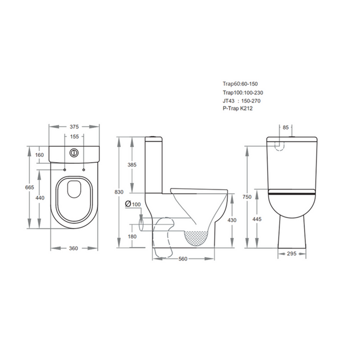 665*375*830mm Poseidon Bela Gloss White Box Rim Back / Bottom Inlet Skew Toilet