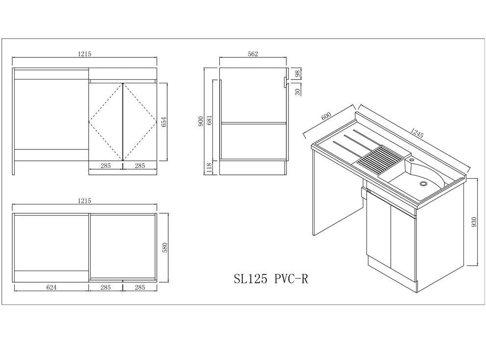 1250*600*925mm White PVC Water Resitant Laundry Tub Cabinet With Polymarble Top
