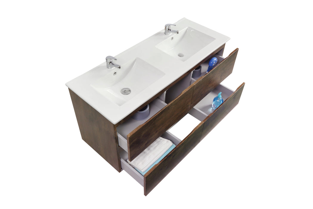 1200mm Dark Oak Qubist MDF Double Bowl Wall Hung Vanity With Ceramic Top With Shaving Cabinet and Tall Boy