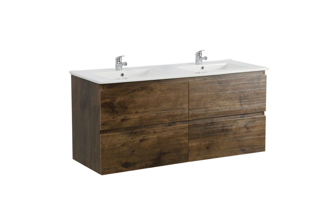 1200mm Dark Oak Qubist MDF Double Bowl Wall Hung Vanity With Ceramic Top With Shaving Cabinet and Tall Boy