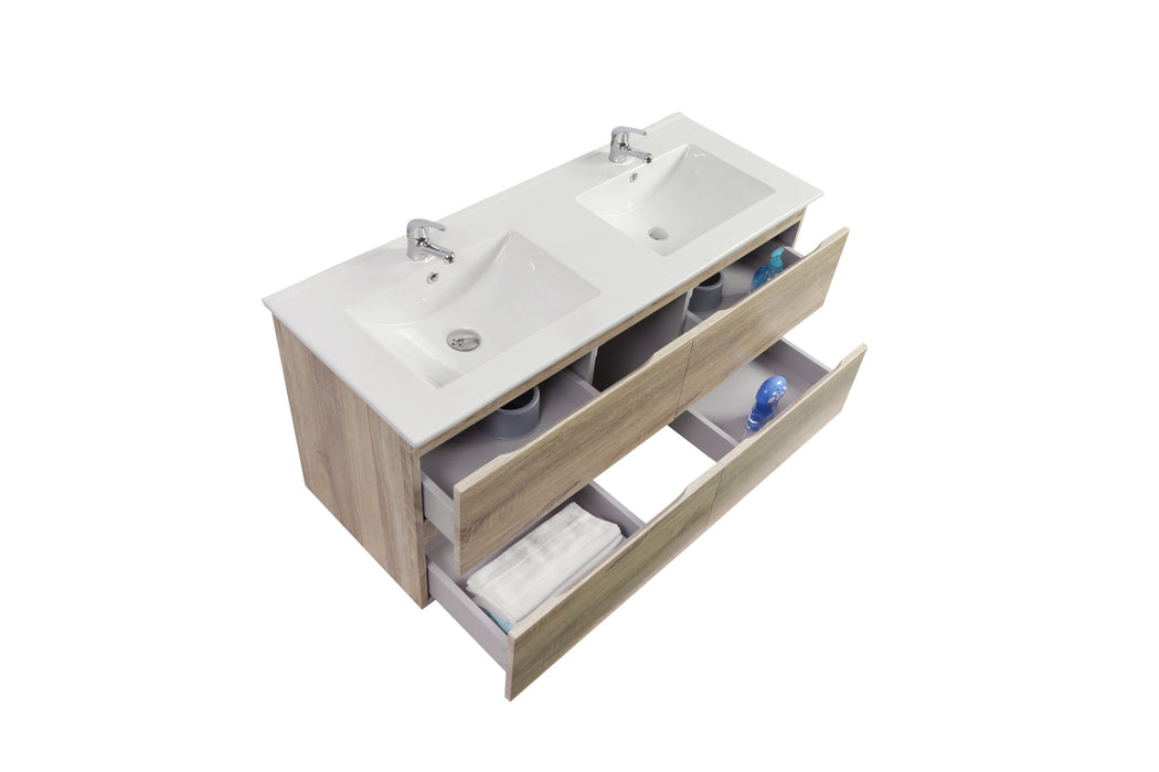 1200mm White Oak Qubist MDF Double Bowl Wall Hung Vanity With Ceramic Top With Shaving Cabinet and Tall Boy