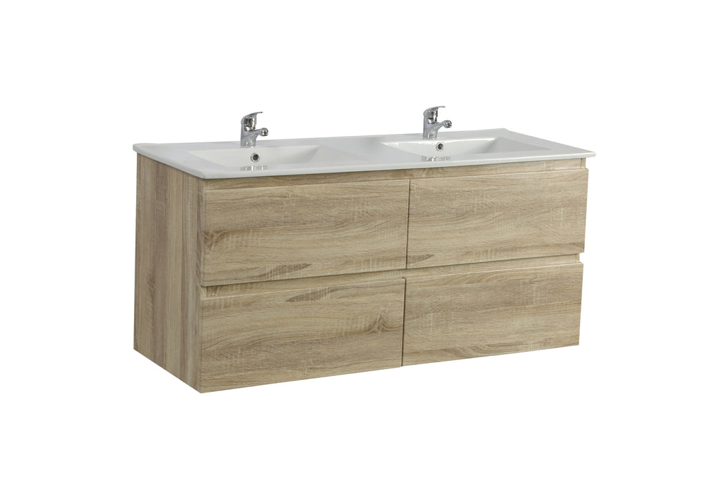 1200mm White Oak Qubist MDF Double Bowl Wall Hung Vanity With Ceramic Top With Shaving Cabinet and Tall Boy
