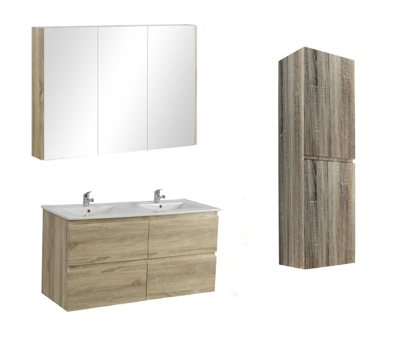1200mm White Oak Qubist MDF Double Bowl Wall Hung Vanity With Ceramic Top With Shaving Cabinet and Tall Boy