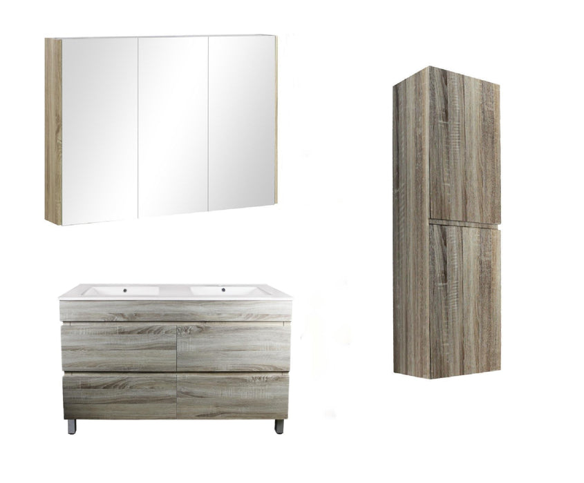 1200mm White Oak Qubist MDF Double Bowl Freestanding With Legs Vanity With Ceramic Top With Shaving Cabinet and Tall Boy