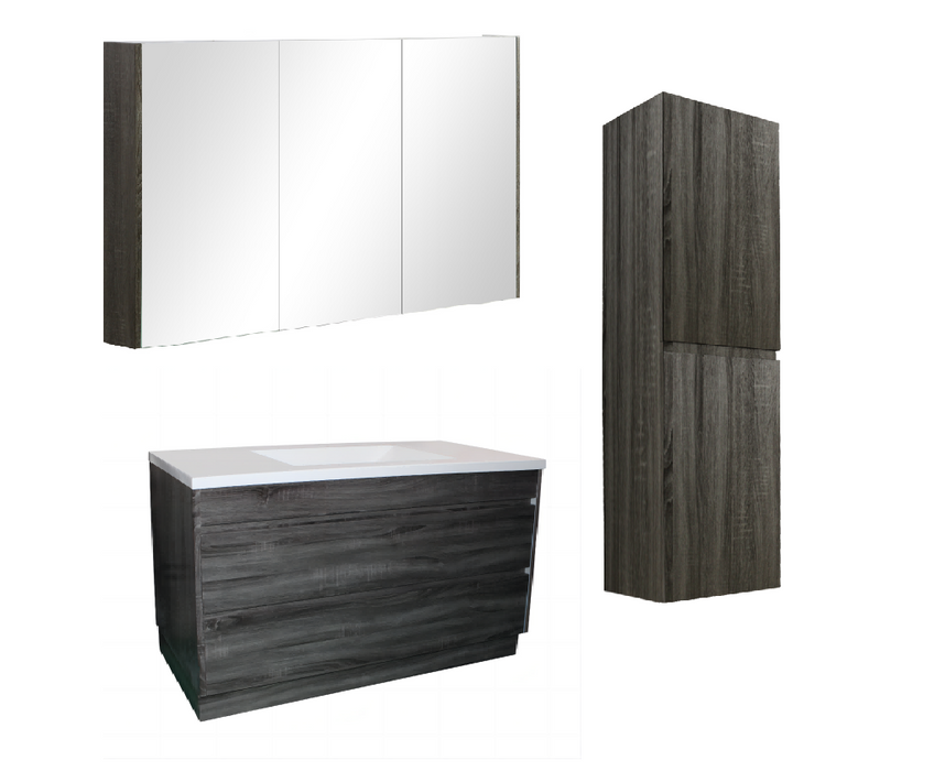 1200mm Dark Grey Qubist MDF Single Bowl Freestanding With Kickboard Vanity With Ceramic Top With Shaving Cabinet and Tall Boy