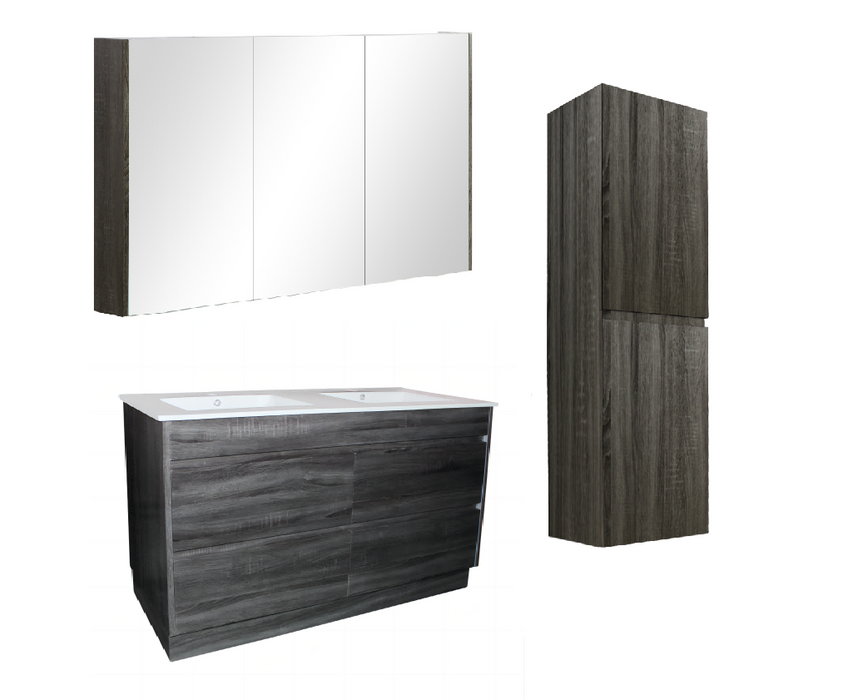 1200mm Dark Grey Qubist MDF Double Bowl Freestanding With Kickboard Vanity With Ceramic Top With Shaving Cabinet and Tall Boy