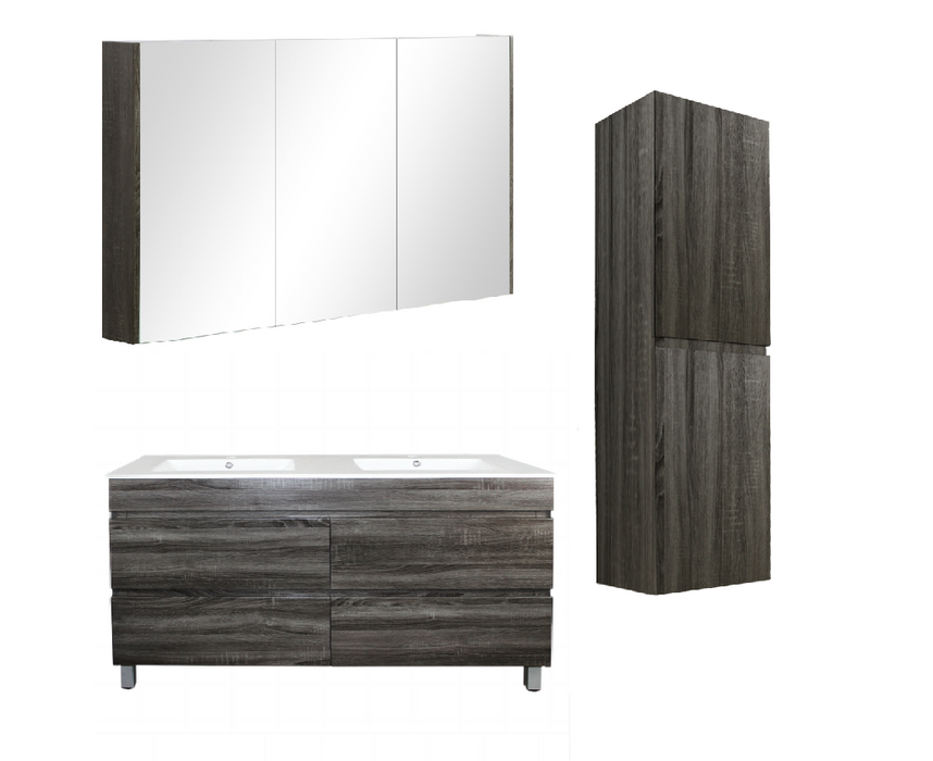 1200mm Dark Grey Qubist MDF Double Bowl Freestanding With Legs Vanity With Ceramic Top With Shaving Cabinet and Tall Boy