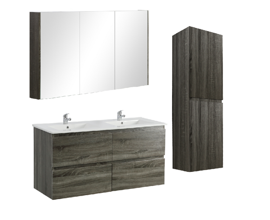 1200mm Dark Grey Qubist MDF Double Bowl Wall Hung Vanity With Ceramic Top With Shaving Cabinet and Tall Boy
