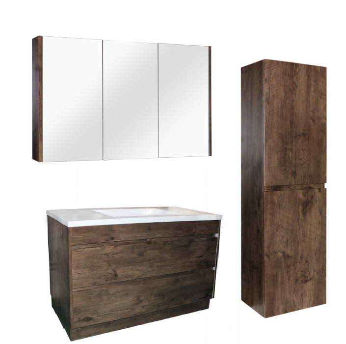 1200mm Dark Oak Qubist MDF Single Bowl Freestanding With Kickboard Vanity With Ceramic Top With Shaving Cabinet and Tall Boy