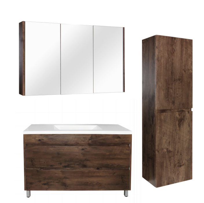 1200mm Dark Oak Qubist MDF Single Bowl Freestanding With Legs Vanity With Ceramic Top With Shaving Cabinet and Tall Boy