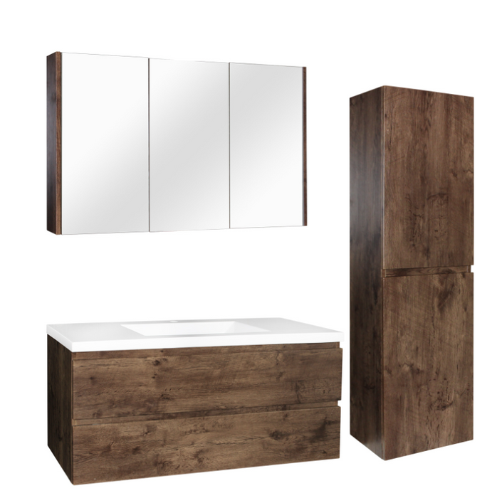 1200mm Dark Oak Qubist MDF Single Bowl Wall Hung Vanity With Ceramic Top With Shaving Cabinet and Tall Boy