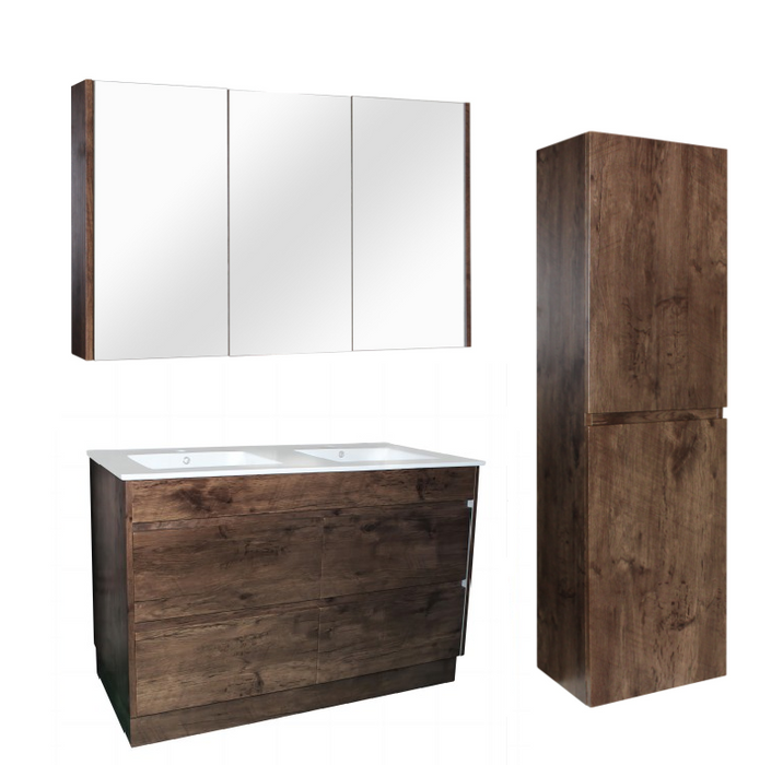 1200mm Dark Oak Qubist MDF Double Bowl Freestanding With Kickboard Vanity With Ceramic Top With Shaving Cabinet and Tall Boy