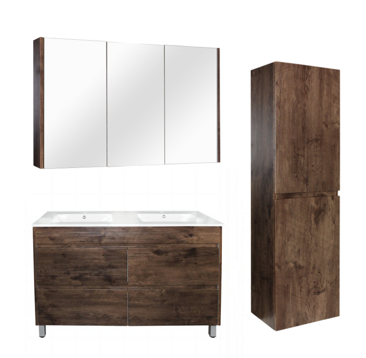 1200mm Dark Oak Qubist MDF Double Bowl Freestanding With Legs Vanity With Ceramic Top With Shaving Cabinet and Tall Boy