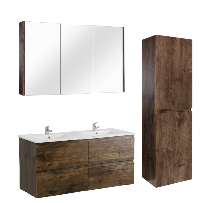 1200mm Dark Oak Qubist MDF Double Bowl Wall Hung Vanity With Ceramic Top With Shaving Cabinet and Tall Boy