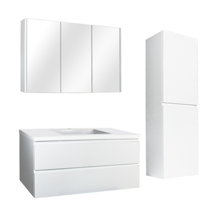 1200mm Matte White Qubist MDF Single Bowl Wall Hung Vanity With Ceramic Top With Shaving Cabinet and Tall Boy