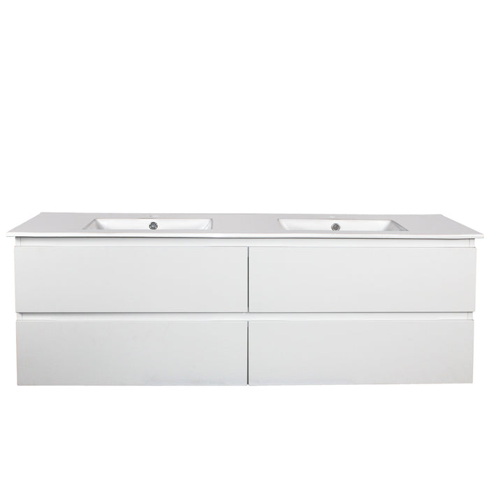 1200mm Matte White Qubist MDF Double Bowl Wall Hung Vanity With Ceramic Top With Shaving Cabinet and Tall Boy