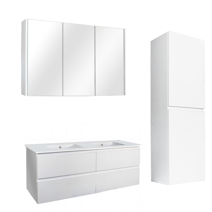 1200mm Matte White Qubist MDF Double Bowl Wall Hung Vanity With Ceramic Top With Shaving Cabinet and Tall Boy