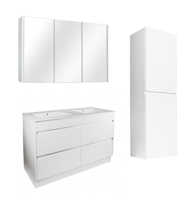 1200mm Matte White Qubist MDF Double Bowl Freestanding With Kickboard Vanity With Ceramic Top With Shaving Cabinet and Tall Boy
