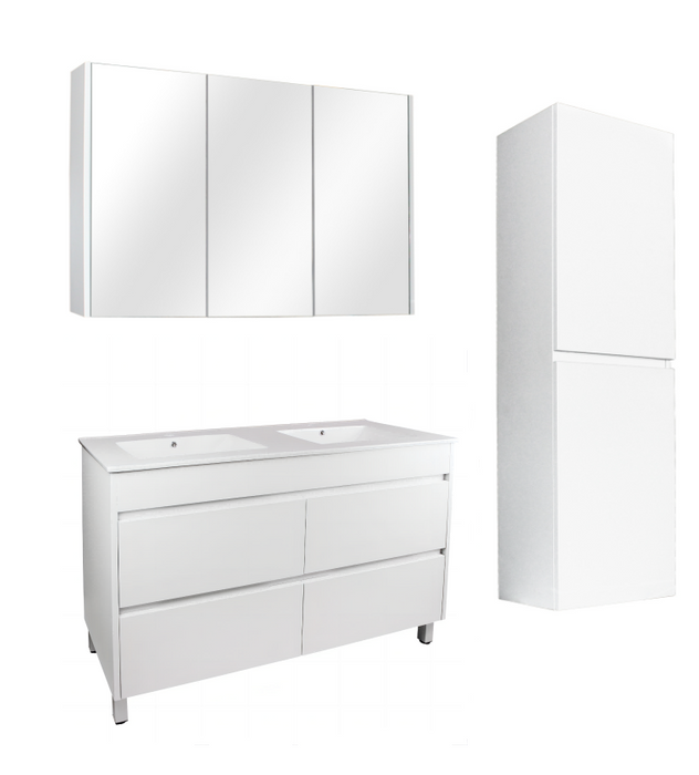 1200mm Matte White Qubist MDF Double Bowl Freestanding With Legs Vanity With Ceramic Top With Shaving Cabinet and Tall Boy