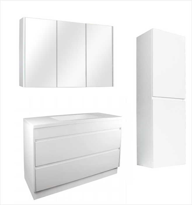 1200mm Matte White Qubist MDF Single Bowl Freestanding With Kickboard Vanity With Ceramic Top With Shaving Cabinet and Tall Boy