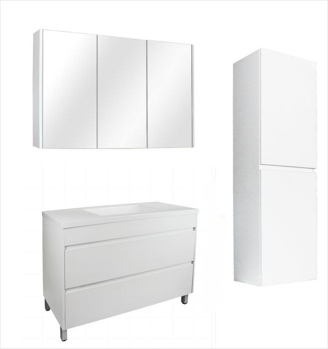 1200mm Matte White Qubist MDF Single Bowl Freestanding With Legs Vanity With Ceramic Top With Shaving Cabinet and Tall Boy