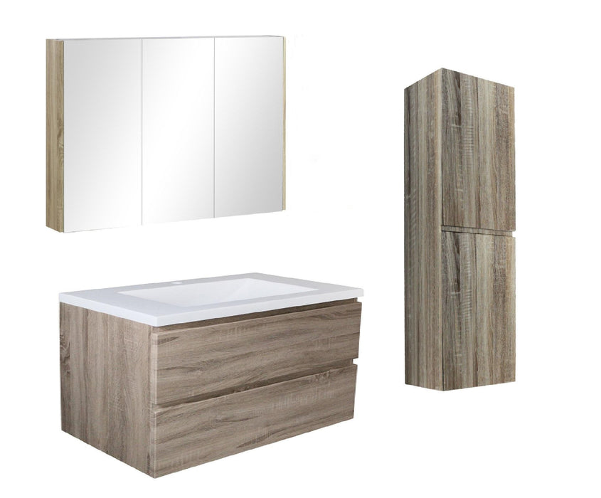 1200mm White Oak Qubist MDF Single Bowl Wall Hung Vanity With Ceramic Top With Shaving Cabinet and Tall Boy