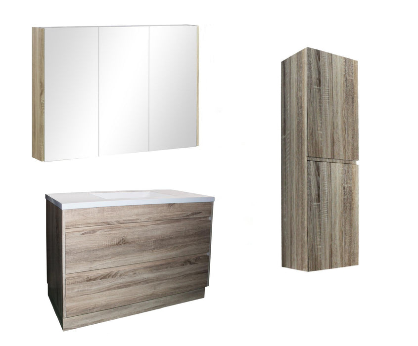 1200mm White Oak Qubist MDF Single Bowl Freestanding With Kickboard Vanity With Ceramic Top With Shaving Cabinet and Tall Boy