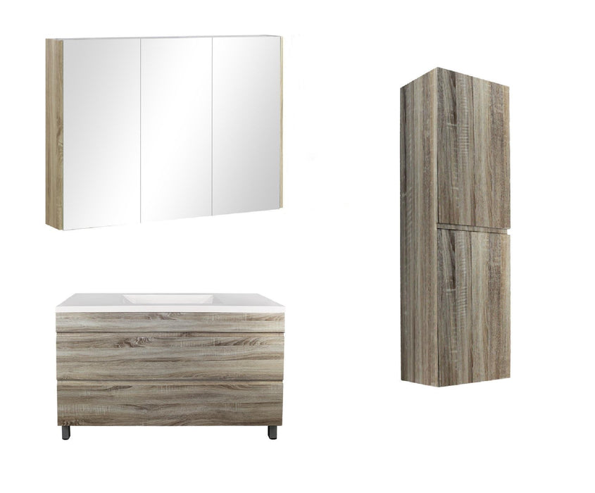 1200mm White Oak Qubist MDF Single Bowl Freestanding With Legs Vanity With Ceramic Top With Shaving Cabinet and Tall Boy