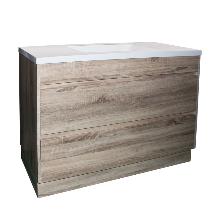 1200mm White Oak Qubist MDF Single Bowl Freestanding With Kickboard Vanity With Ceramic Top With Shaving Cabinet and Tall Boy
