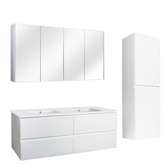 1500mm Matte White Qubist MDF Double Bowl Wall Hung Vanity With Ceramic Top With Shaving Cabinet and Tall Boy