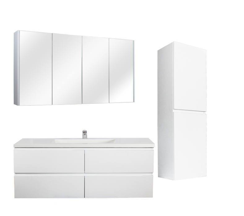 1500mm Matte White Qubist MDF Single Bowl Wall Hung Vanity With Ceramic Top With Shaving Cabinet and Tall Boy