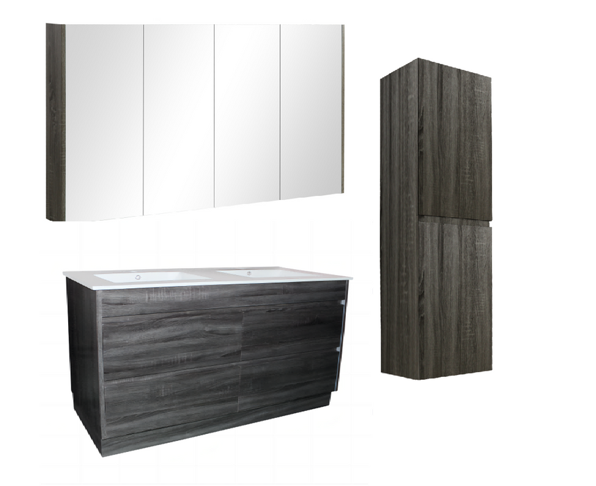 1500mm Dark Grey Qubist MDF Double Bowl Freestanding With Kickboard Vanity With Ceramic Top With Shaving Cabinet and Tall Boy