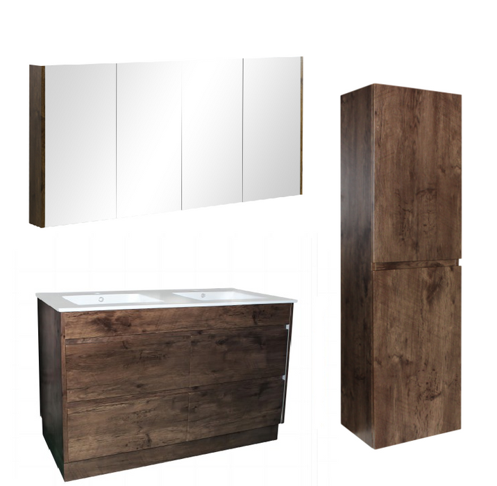1500mm Dark Oak Qubist MDF Double Bowl Freestanding With Kickboard Vanity With Ceramic Top With Shaving Cabinet and Tall Boy