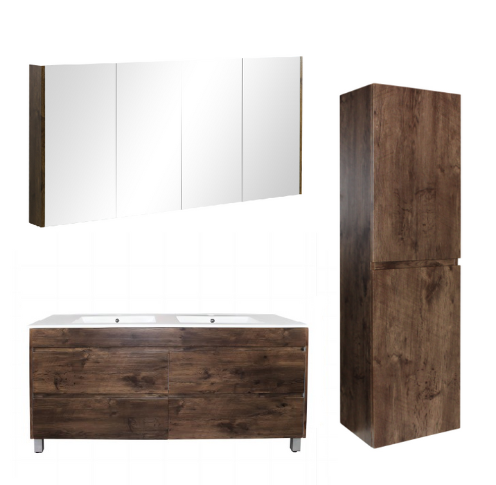 1500mm Dark Oak Qubist MDF Double Bowl Freestanding With Legs Vanity With Ceramic Top With Shaving Cabinet and Tall Boy