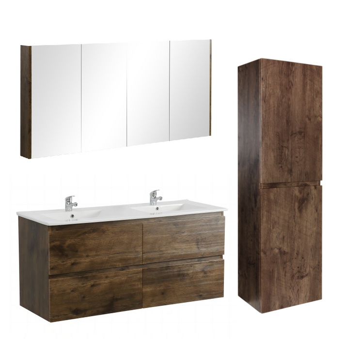1500mm Dark Oak Qubist MDF Double Bowl Wall Hung Vanity With Ceramic Top With Shaving Cabinet and Tall Boy