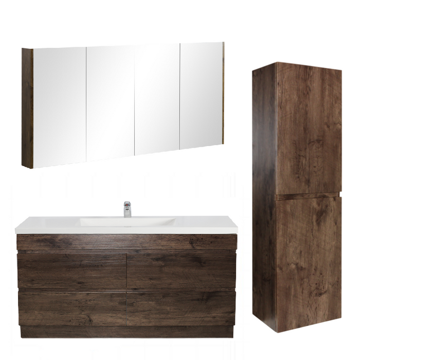 1500mm Dark Oak Qubist MDF Single Bowl Freestanding With Kickboard Vanity With Ceramic Top With Shaving Cabinet and Tall Boy